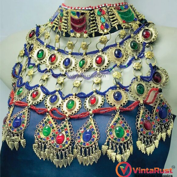 Multicolor Big Unique Choker Necklace, Old Kuchi Afghan Choker Necklace - Picture 3 of 12